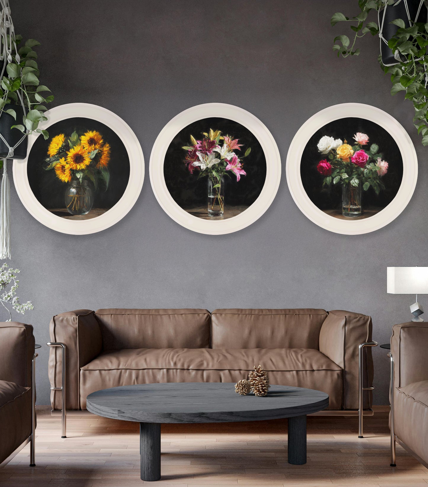 Sunflowers After Dark – Oxford Strong White Round Frame styled view – Leya Buster Interiors
