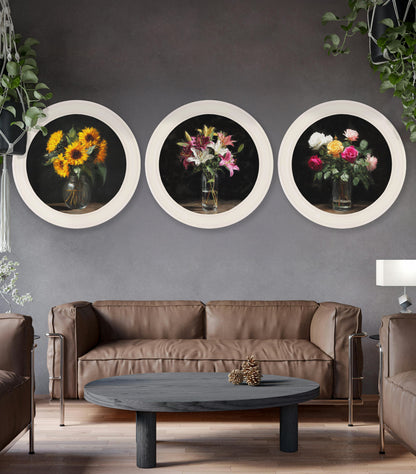 Sunflowers After Dark – Oxford Strong White Round Frame styled view – Leya Buster Interiors