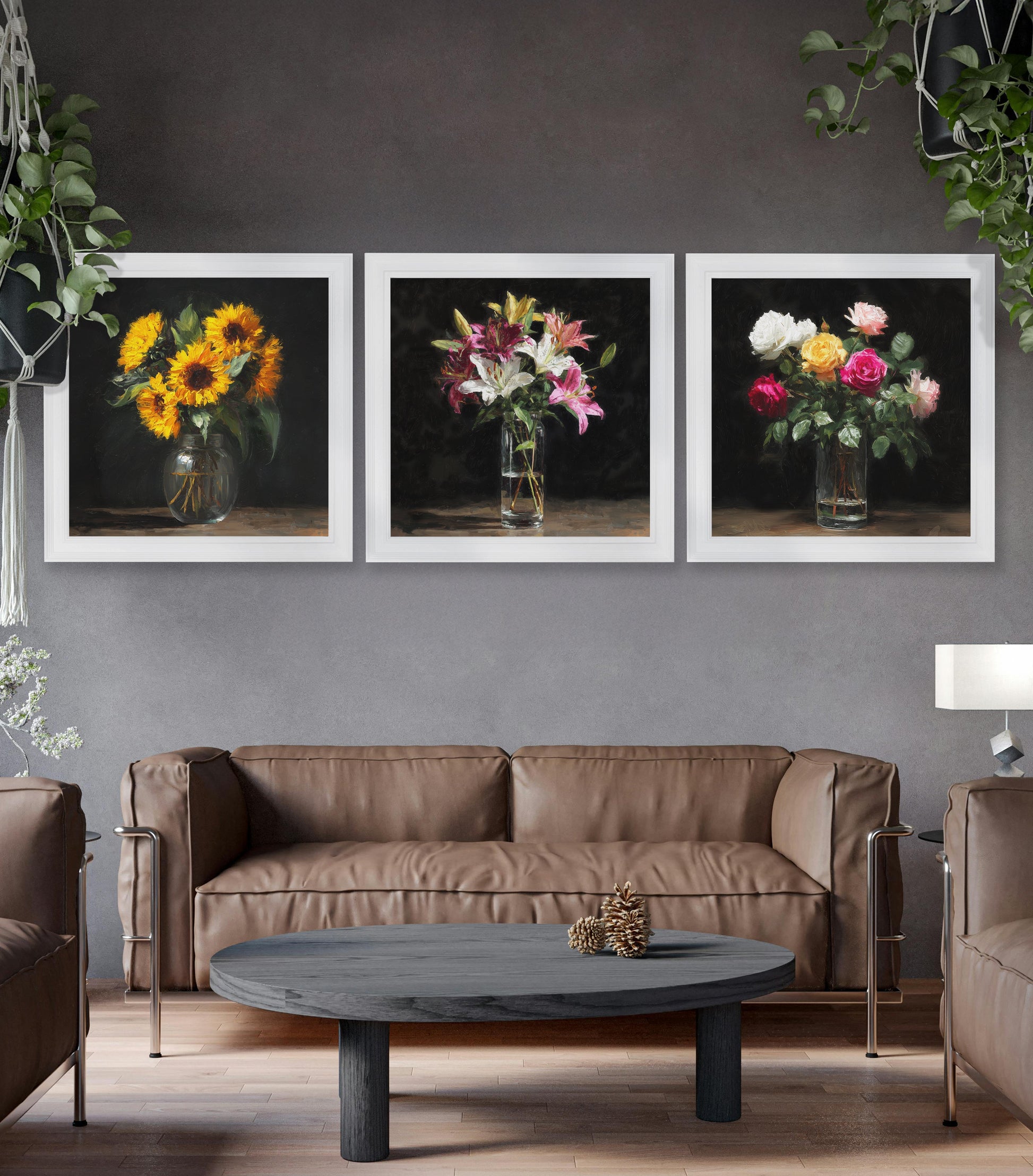 Sunflowers After Dark – White Hurstwood Square Frame styled view – Leya Buster Interiors