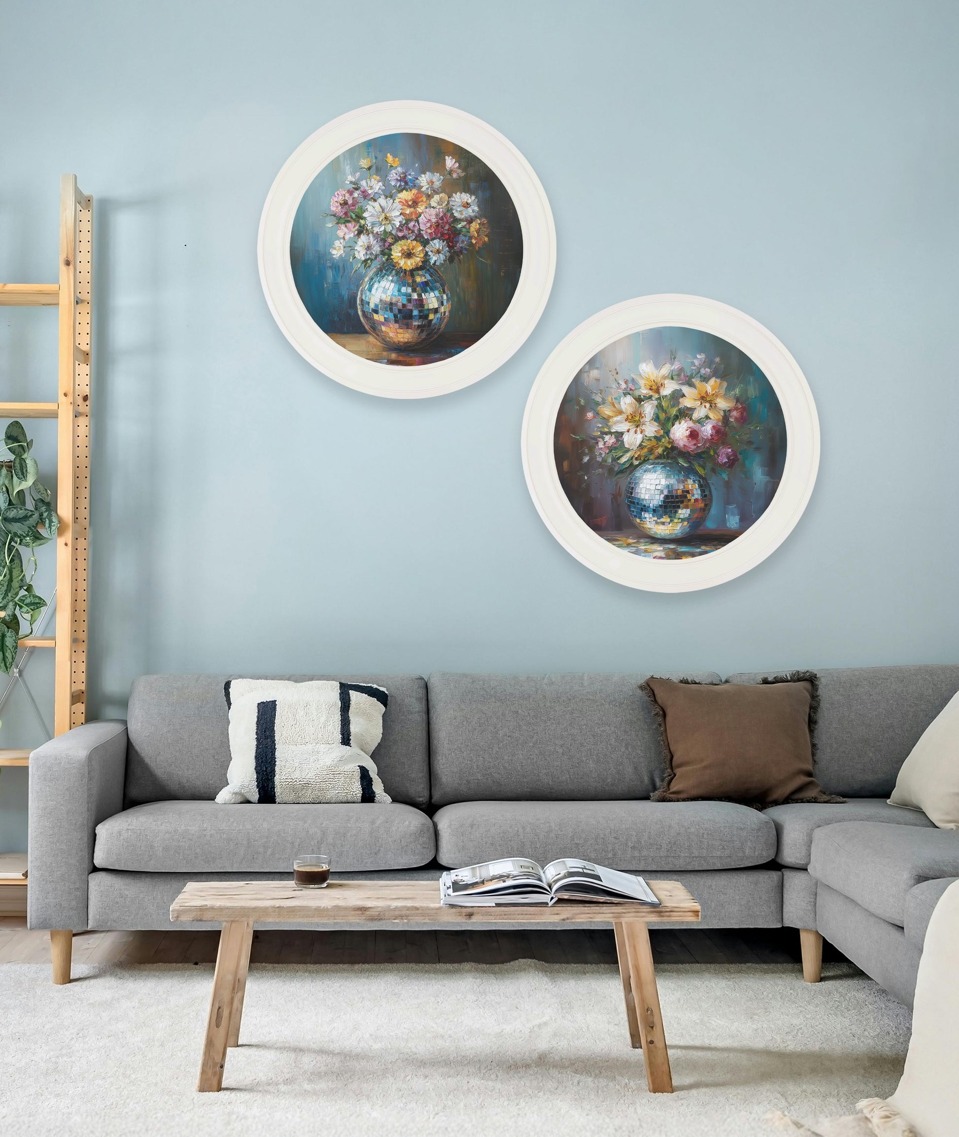 Disco Wildflowers – Oxford Strong White Round Frame styled view – Leya Buster Interiors