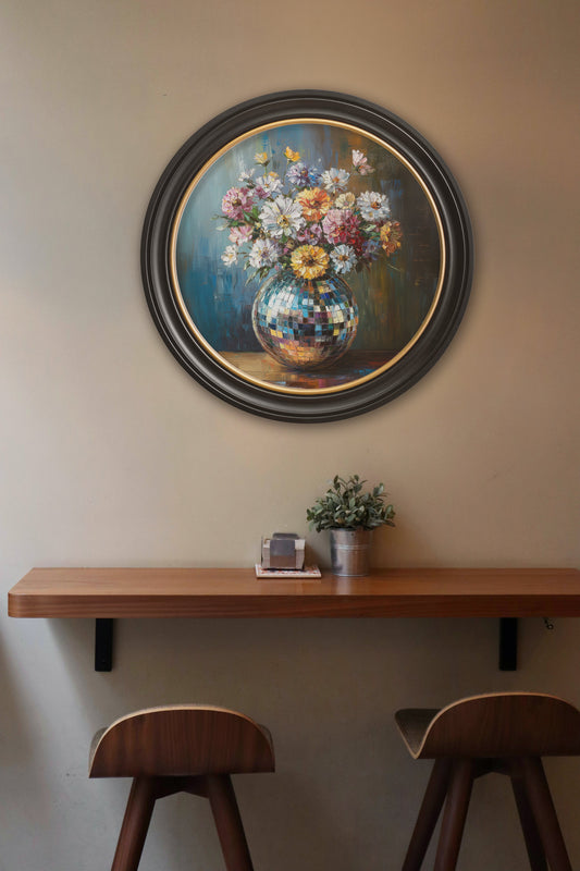 Disco Wildflowers – Oxford Round Frame – framed wall art at Leya Buster Interiors