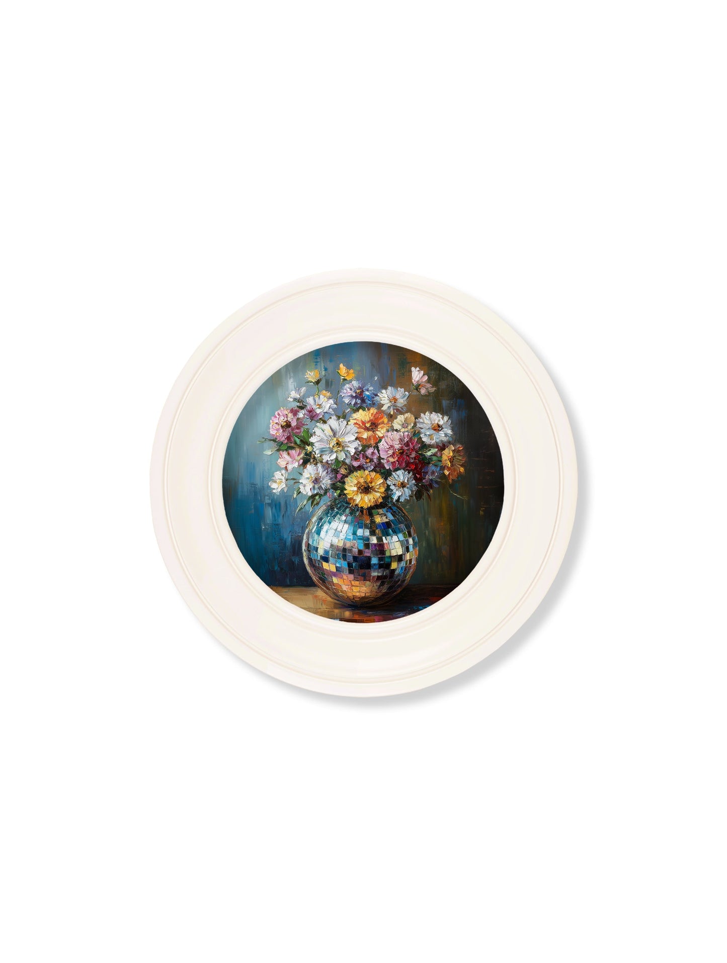 Disco Wildflowers – Oxford Strong White Round Frame styled view – Leya Buster Interiors