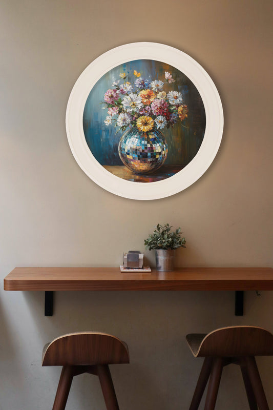 Disco Wildflowers – Oxford Strong White Round Frame – framed wall art at Leya Buster Interiors