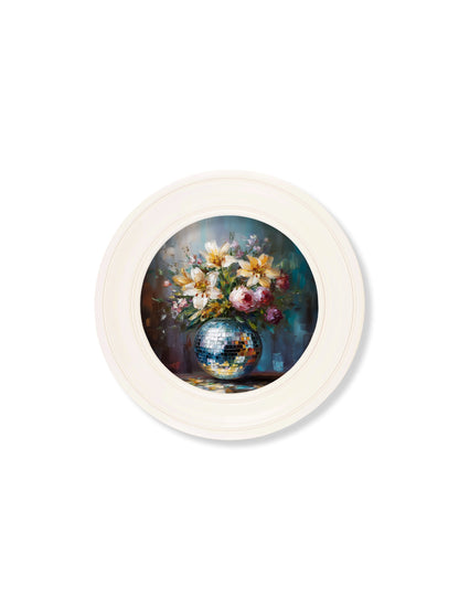 Disco Lilies & Roses – Oxford Strong White Round Frame styled view – Leya Buster Interiors