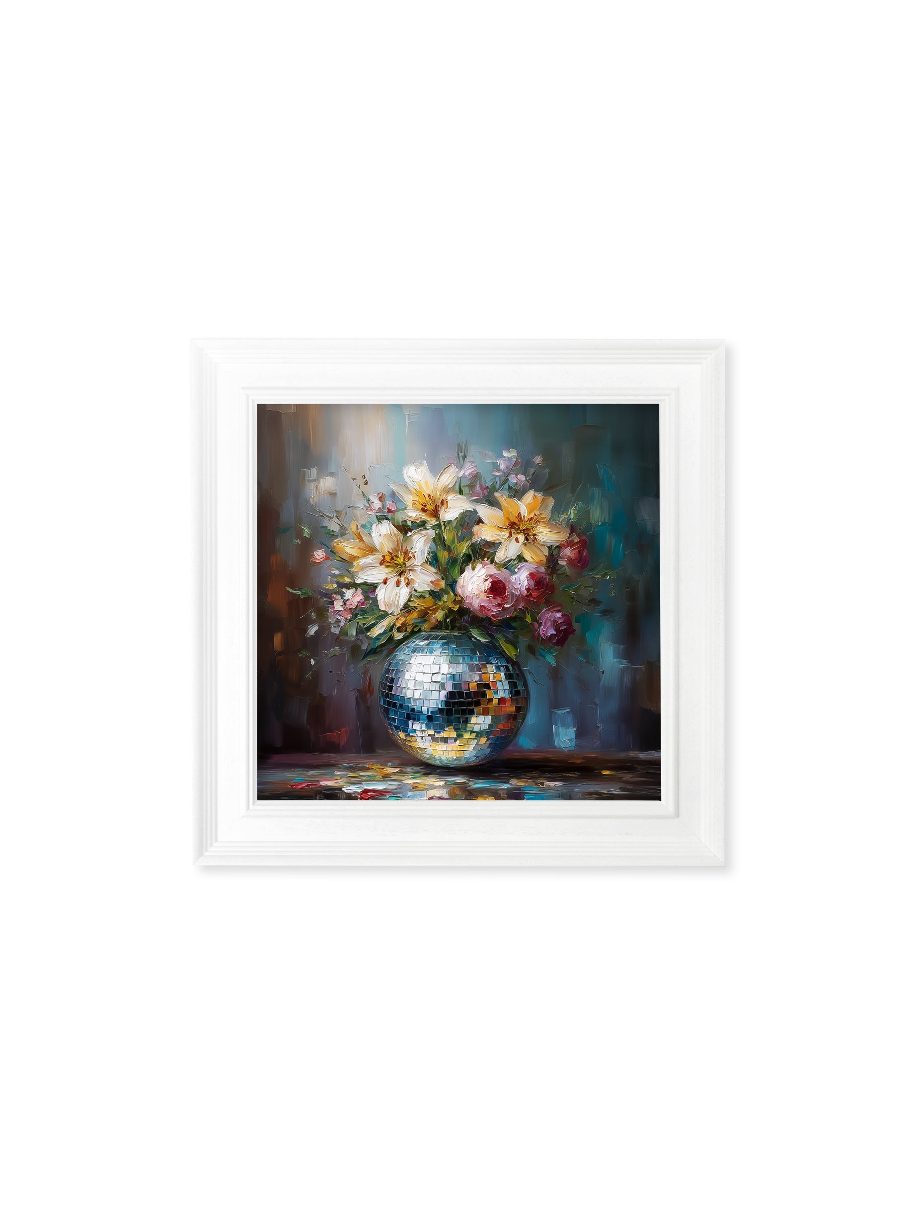 Disco Lilies & Roses – White Hurstwood Square Frame styled view – Leya Buster Interiors