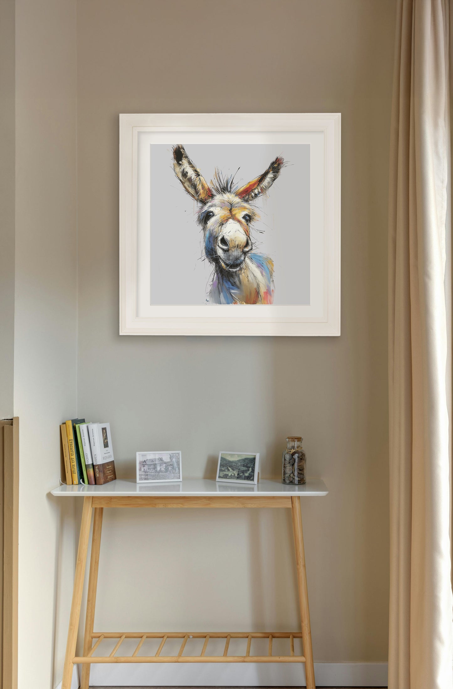Donkey Jack & Jennet Cosy Sketch – Cream Hurstwood Square Frame styled view – Leya Buster Interiors