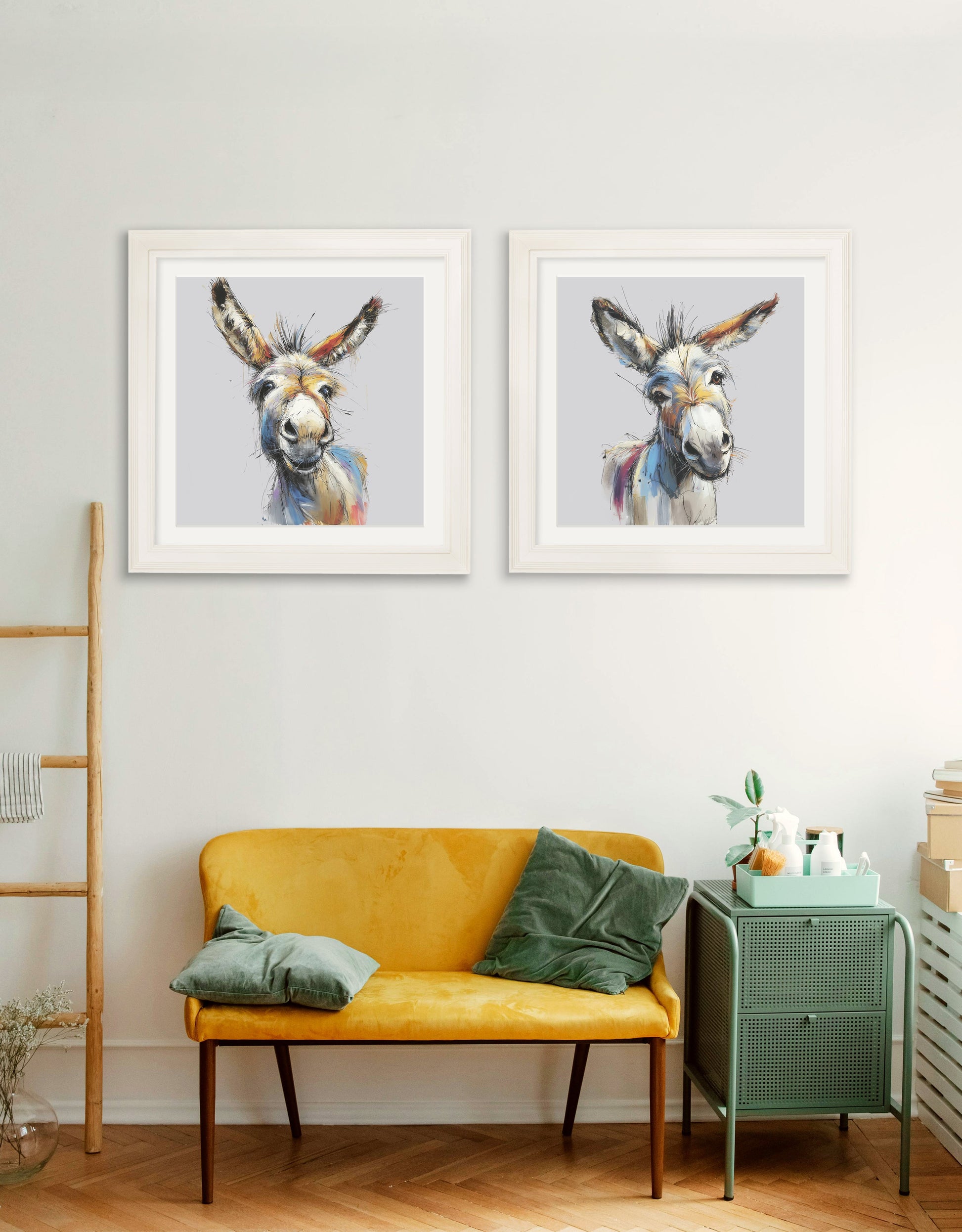 Donkey Jack & Jennet Cosy Sketch – Cream Hurstwood Square Frame – framed wall art at Leya Buster Interiors