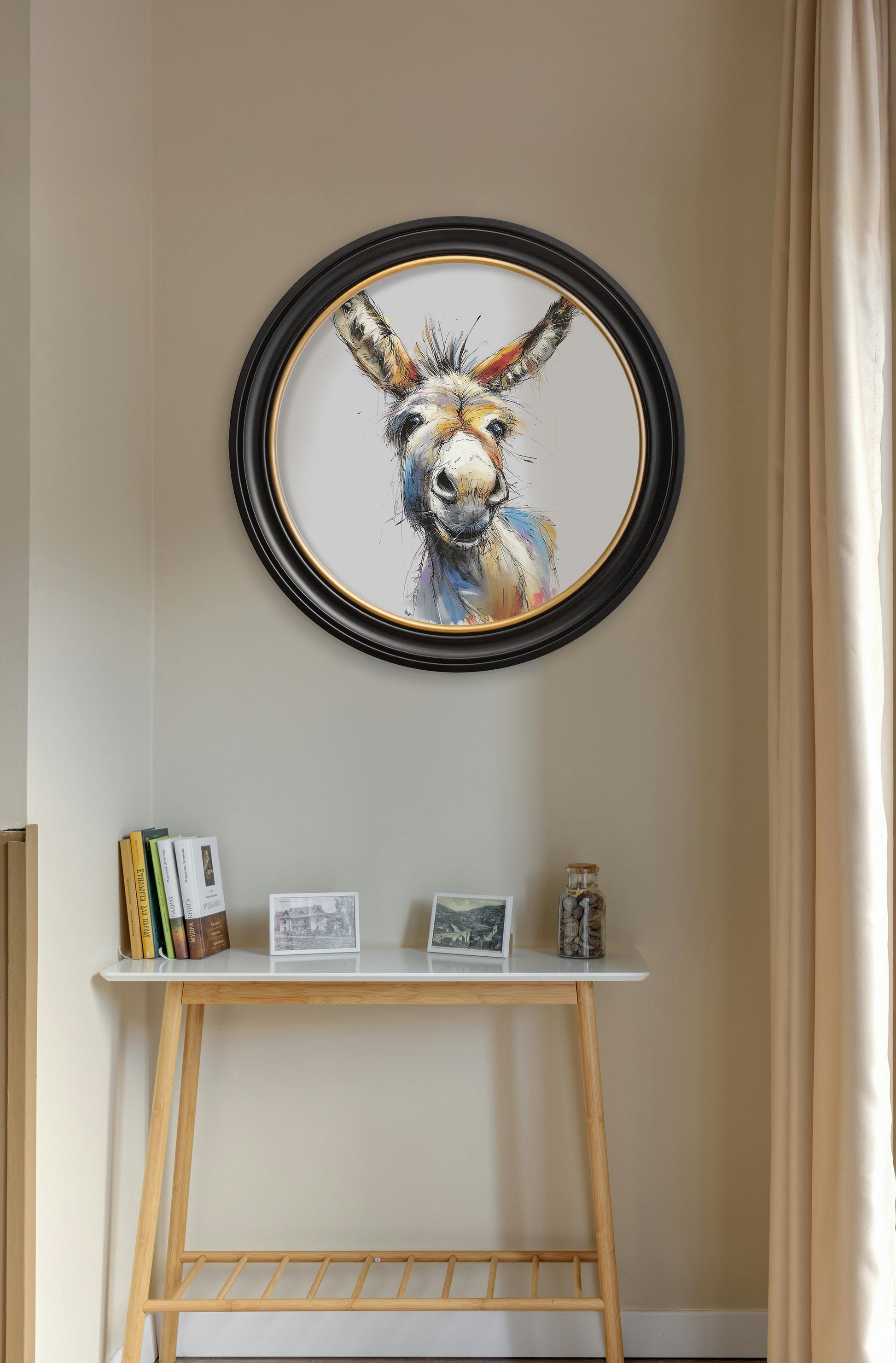 Donkey Jack & Jennet Cosy Sketch – Oxford Round Frame styled view – Leya Buster Interiors