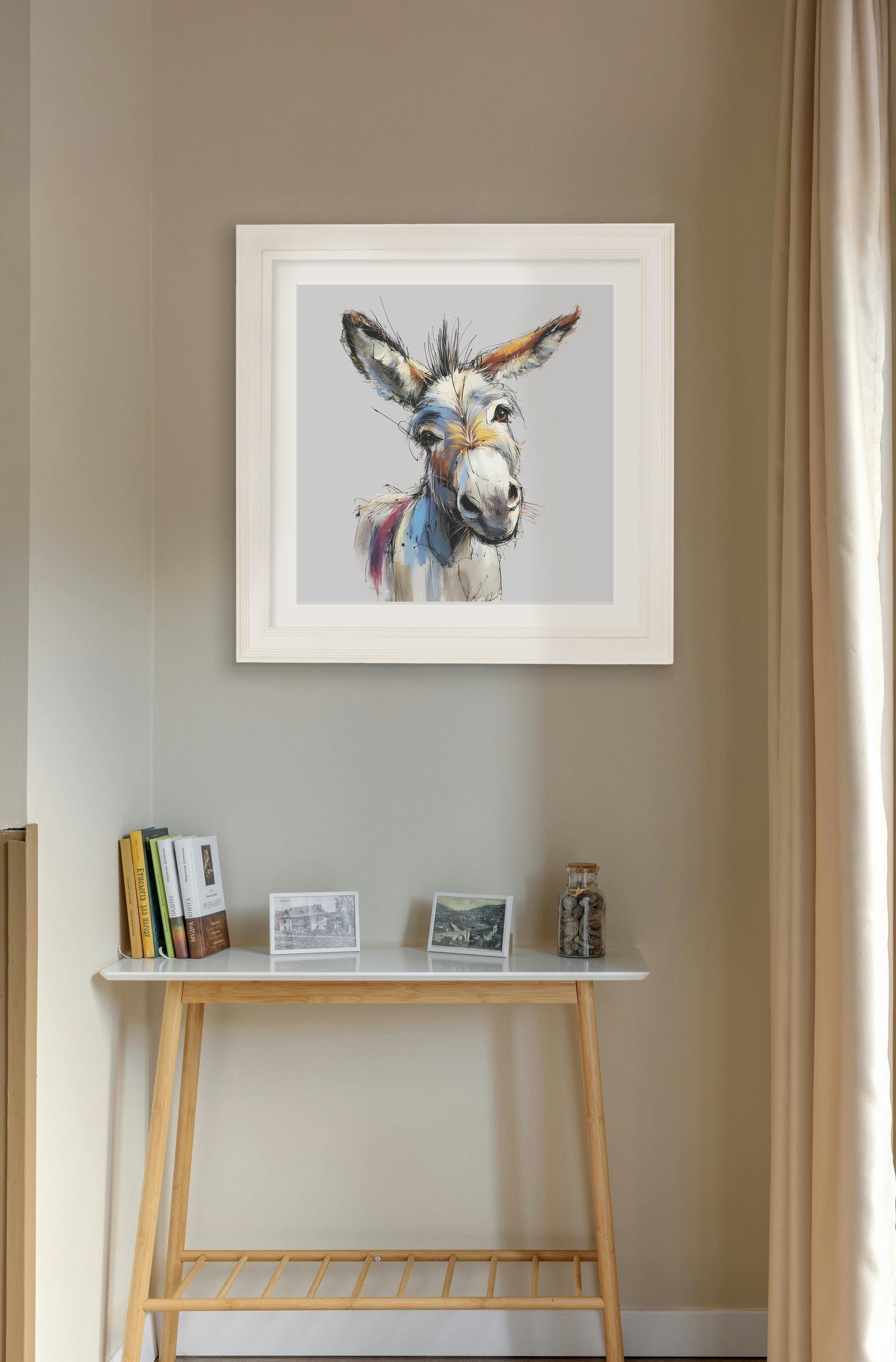 Donkey Jack & Jennet Cosy Sketch – Cream Hurstwood Square Frame styled view – Leya Buster Interiors