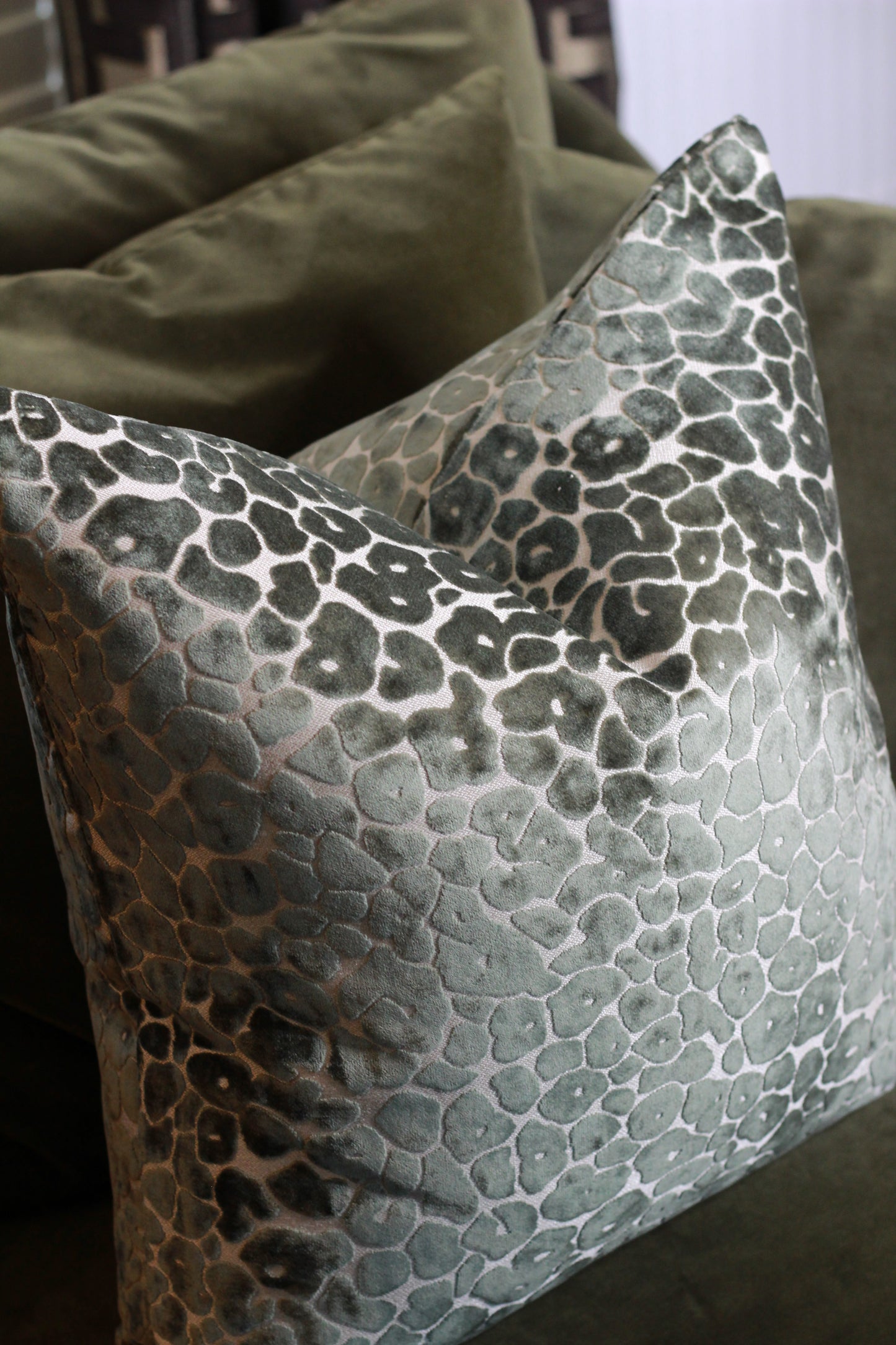Sage Green Velvet Cut Leopard Spot Cushion - Large