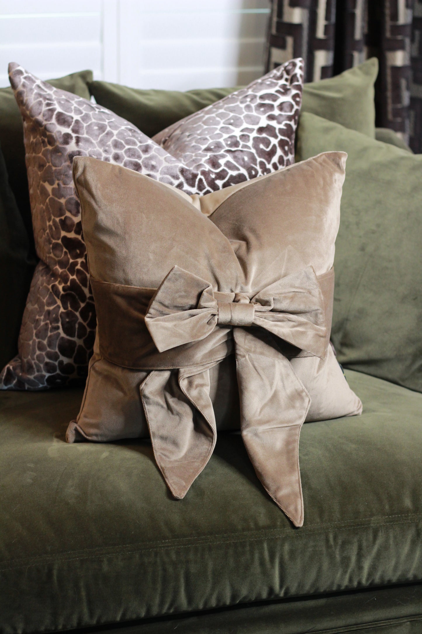Brown Taupe Bow Velvet Cushion