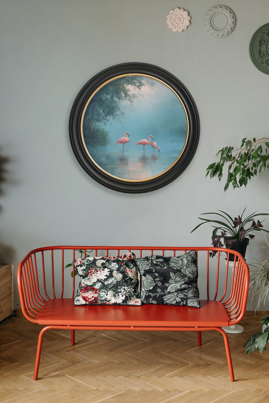 Misty Lake Flamingos – Oxford Round Frame – framed wall art at Leya Buster Interiors