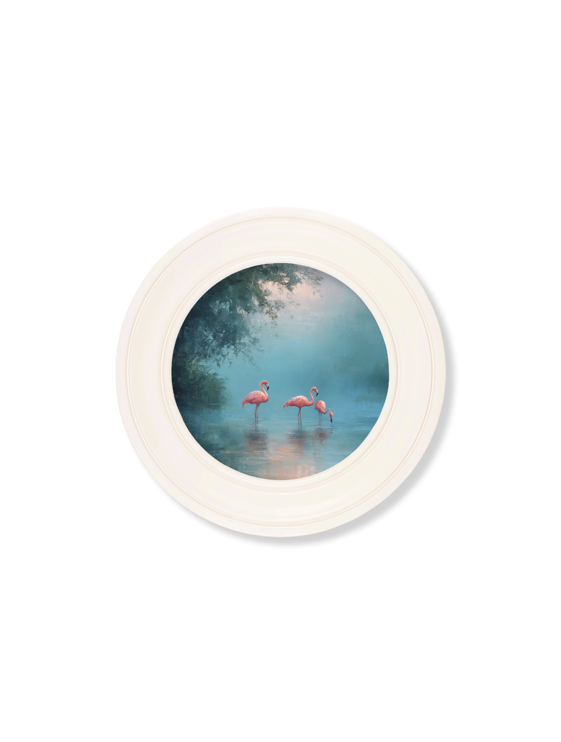 Misty Lake Flamingos – Oxford Strong White Round Frame styled view – Leya Buster Interiors