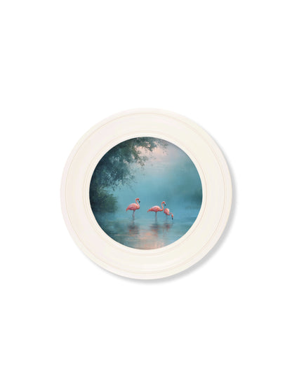 Misty Lake Flamingos – Oxford Strong White Round Frame styled view – Leya Buster Interiors