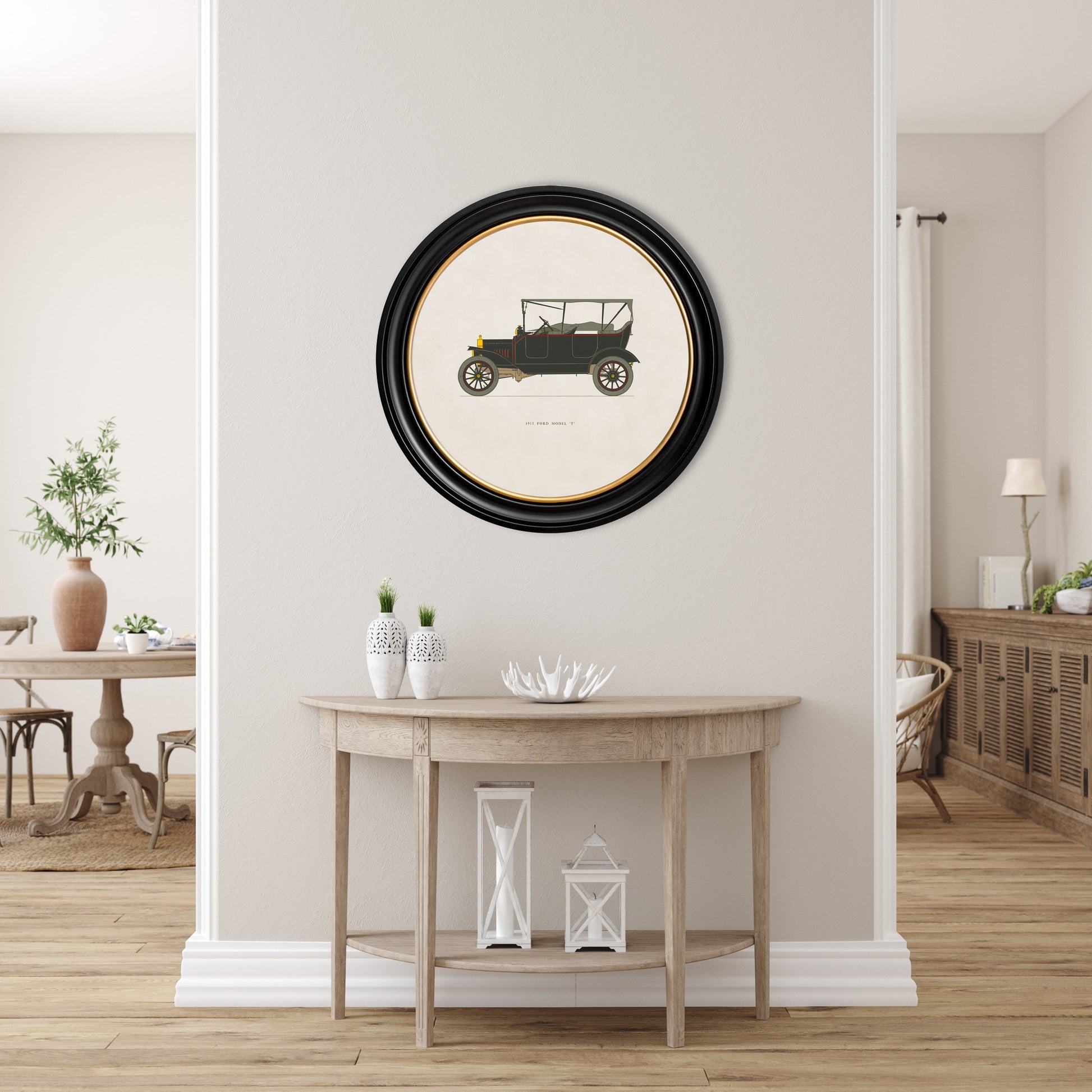1915 FORD MODEL 'T' in Round Frame – framed wall art at Leya Buster Interiors