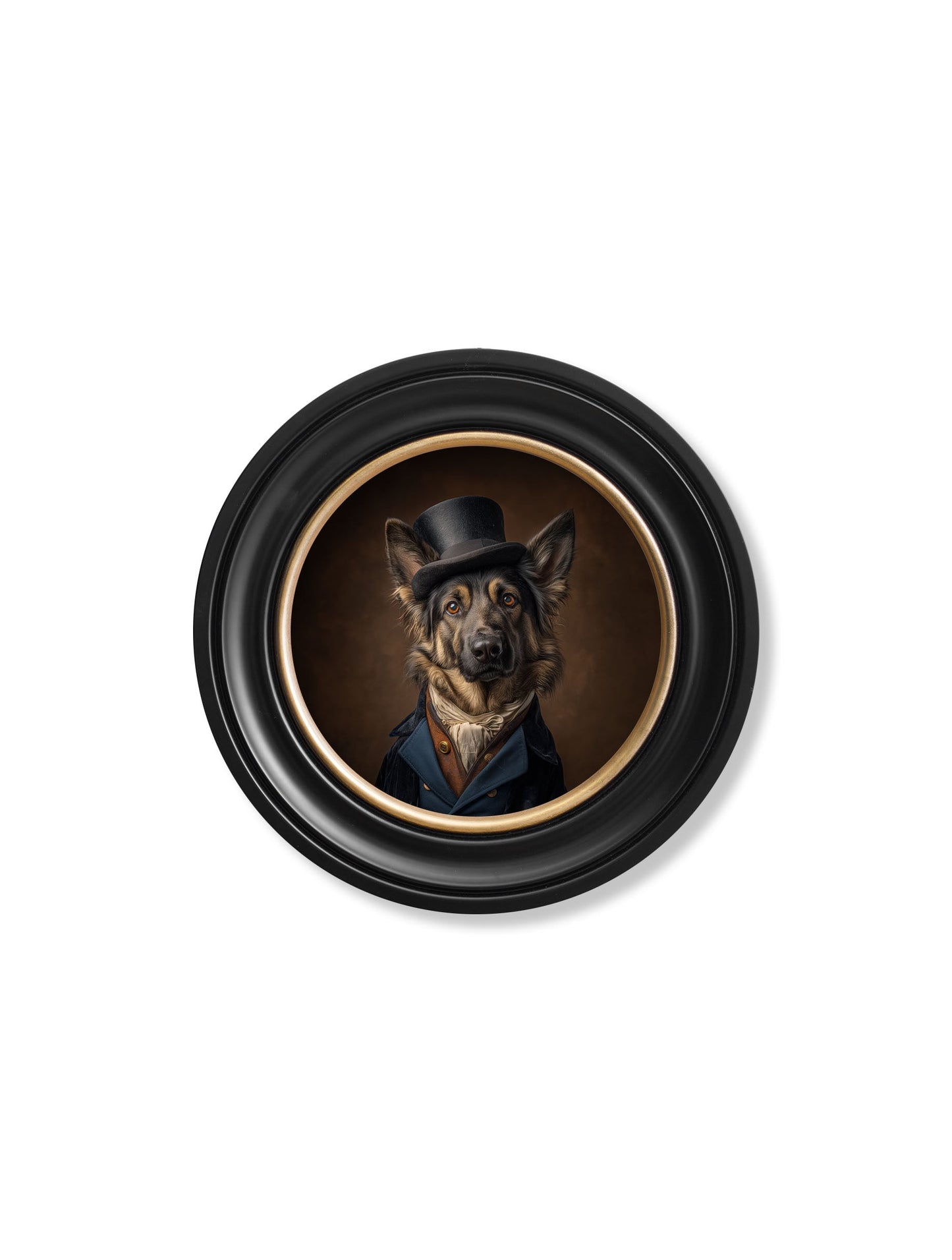 Count Von Shepherd – Gentleman German Shepherd Oxford Round Frame styled view – Leya Buster Interiors