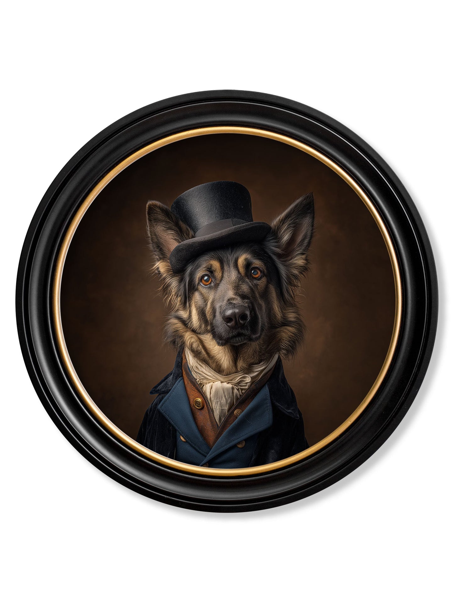 Count Von Shepherd – Gentleman German Shepherd Oxford Round Frame detail – Leya Buster Interiors