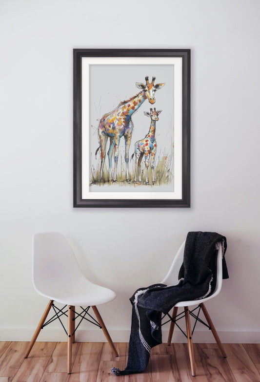 Family of Giraffes Cosy Sketch – Black Hurstwood Frame – framed wall art at Leya Buster Interiors
