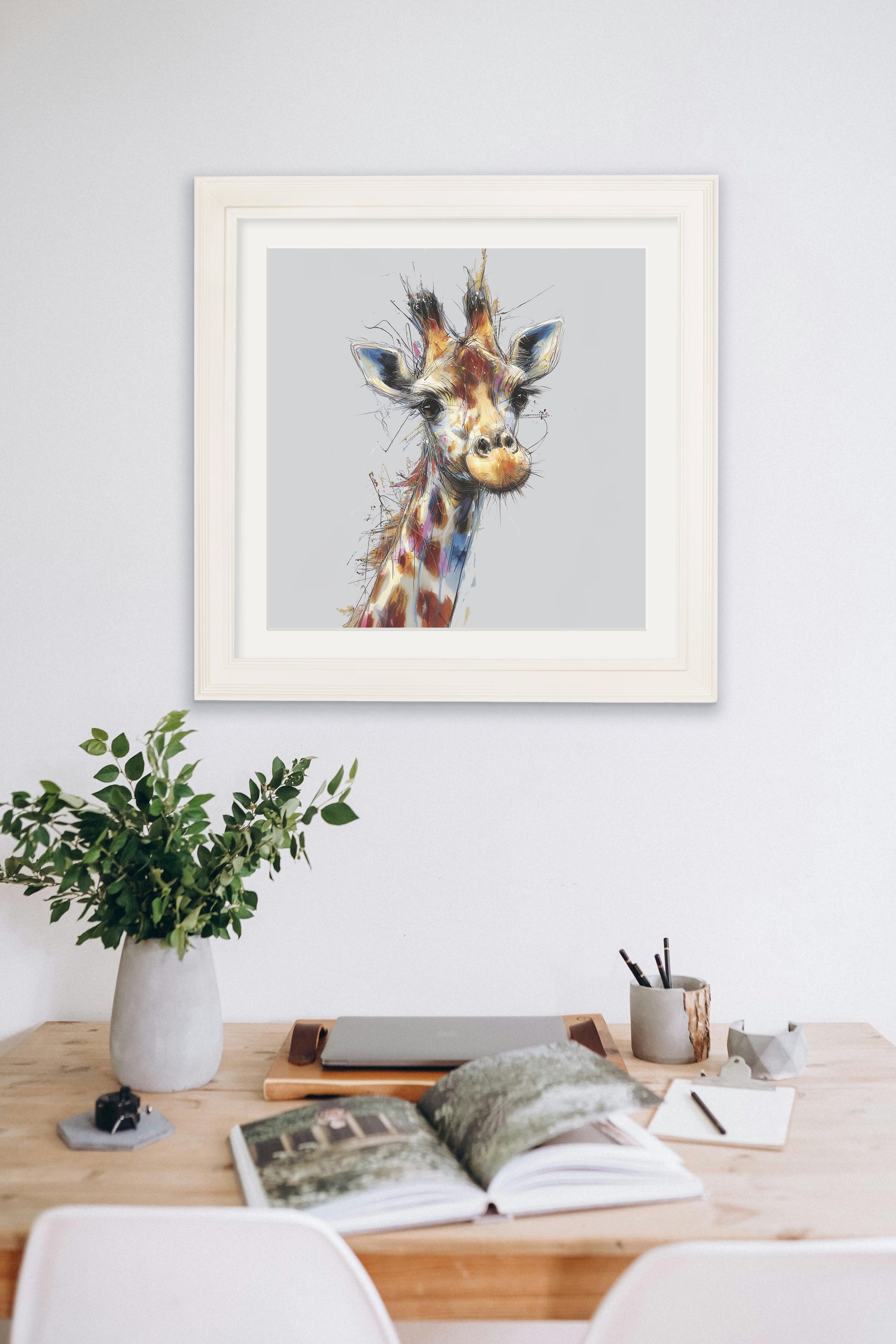 Tall Giraffe Cosy Sketch – Cream Hurstwood Square Frame – framed wall art at Leya Buster Interiors