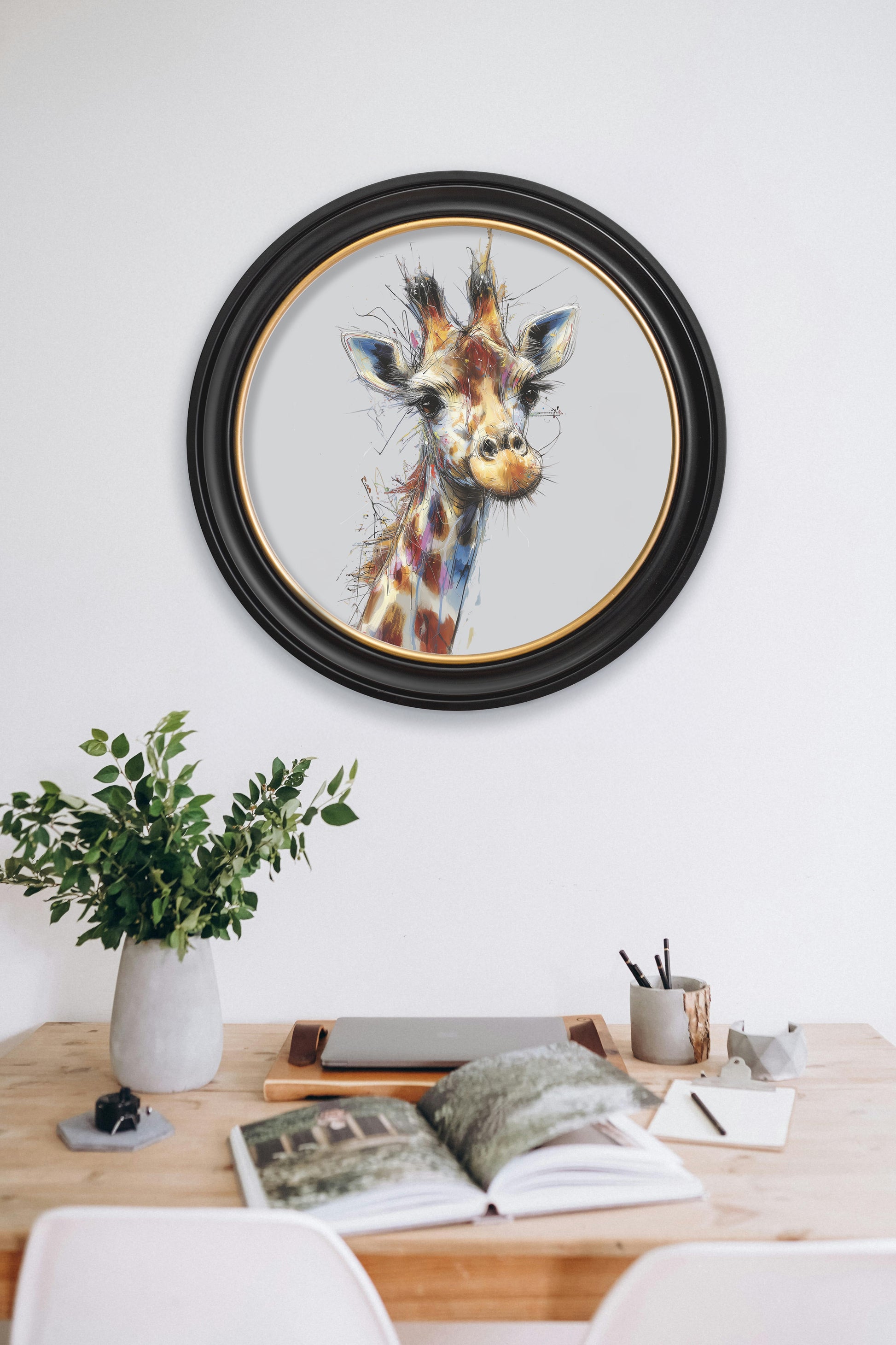 Tall Giraffe Cosy Sketch – Oxford Round Frame – framed wall art at Leya Buster Interiors