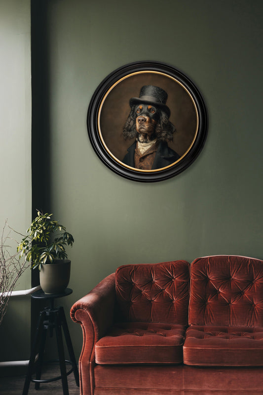 Duke Gordy of Tails – Gentleman Gordon Setter Oxford Round Frame – fine home fragrance at Leya Buster Interiors
