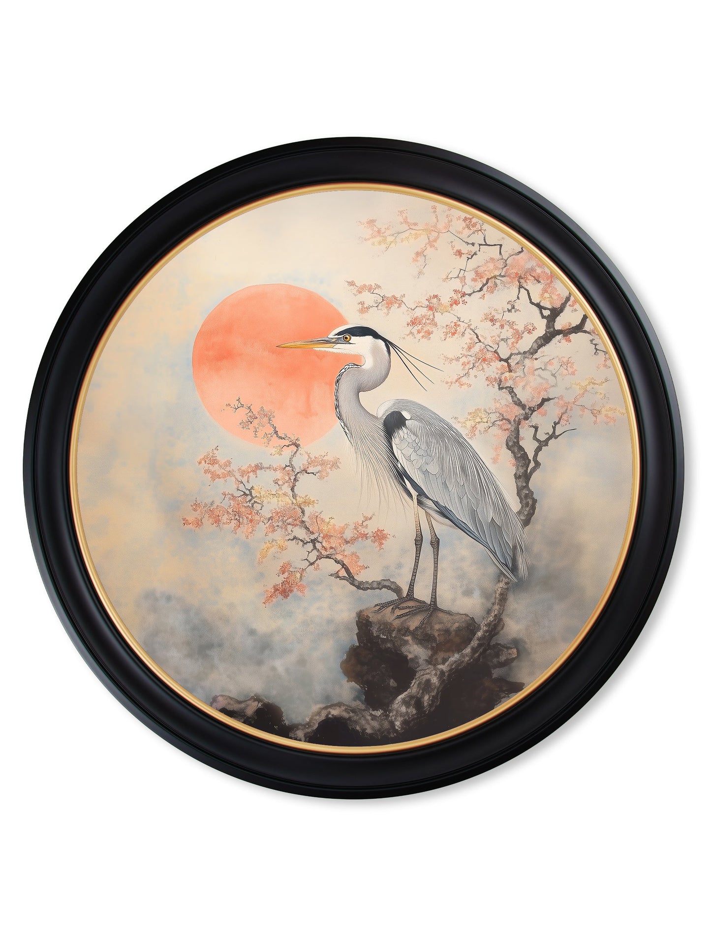 Japanese Twin Herons – Oxford Round Frame styled view – Leya Buster Interiors