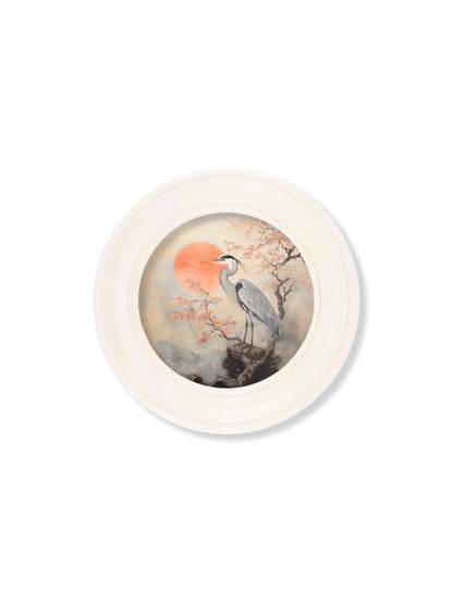 Japanese Twin Herons – Oxford Strong White Round Frame styled view – Leya Buster Interiors