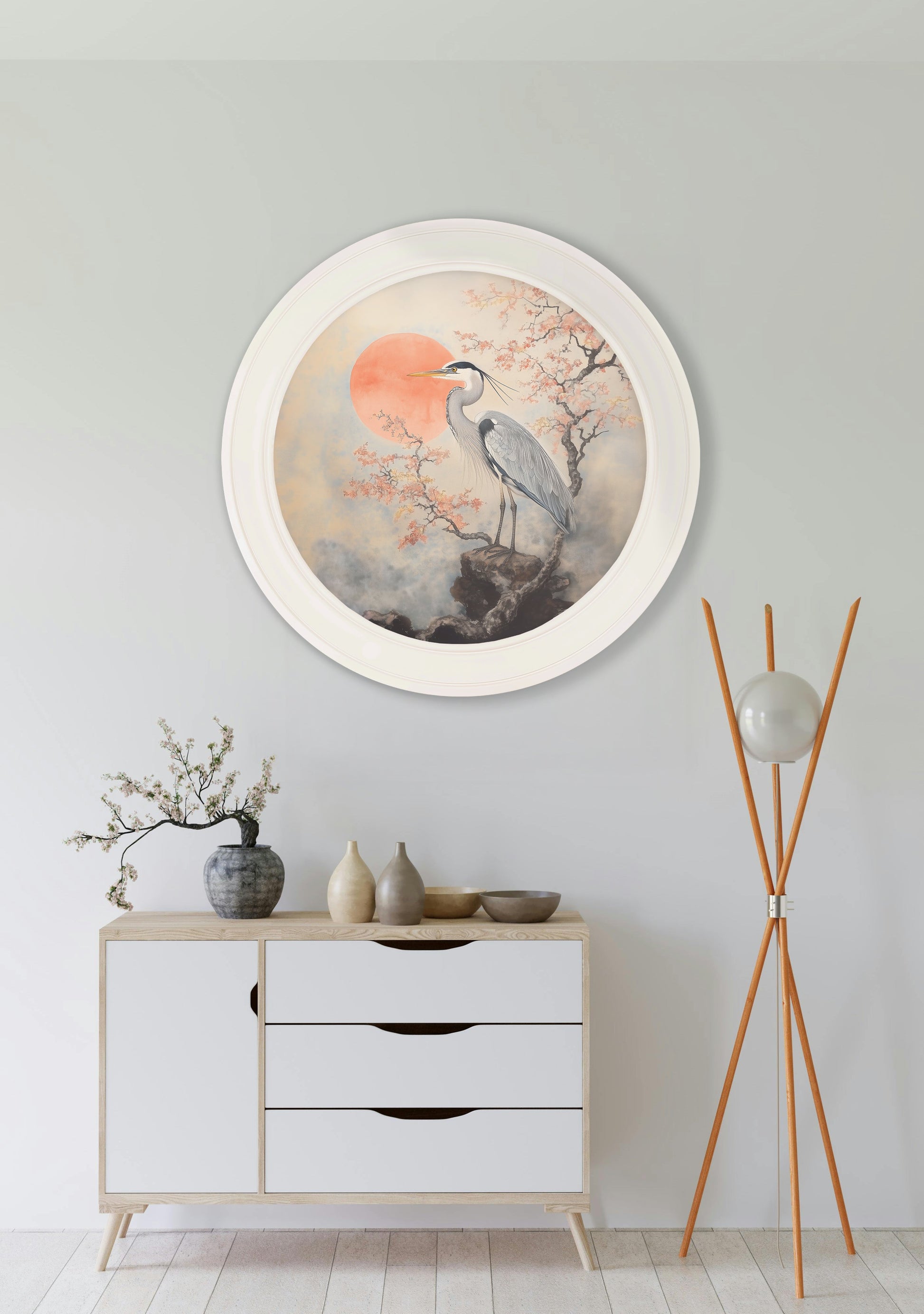Japanese Twin Herons – Oxford Strong White Round Frame styled view – Leya Buster Interiors