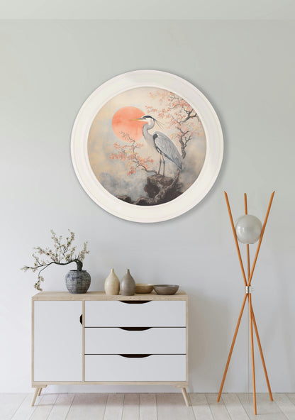 Japanese Twin Herons – Oxford Strong White Round Frame styled view – Leya Buster Interiors