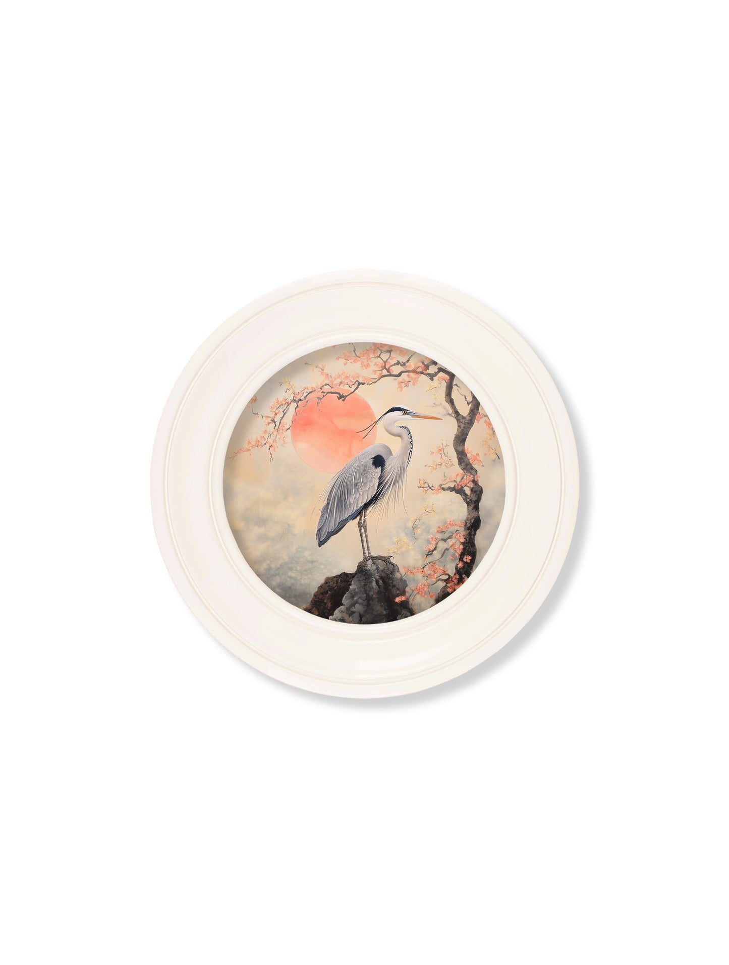 Japanese Twin Herons – Oxford Strong White Round Frame styled view – Leya Buster Interiors