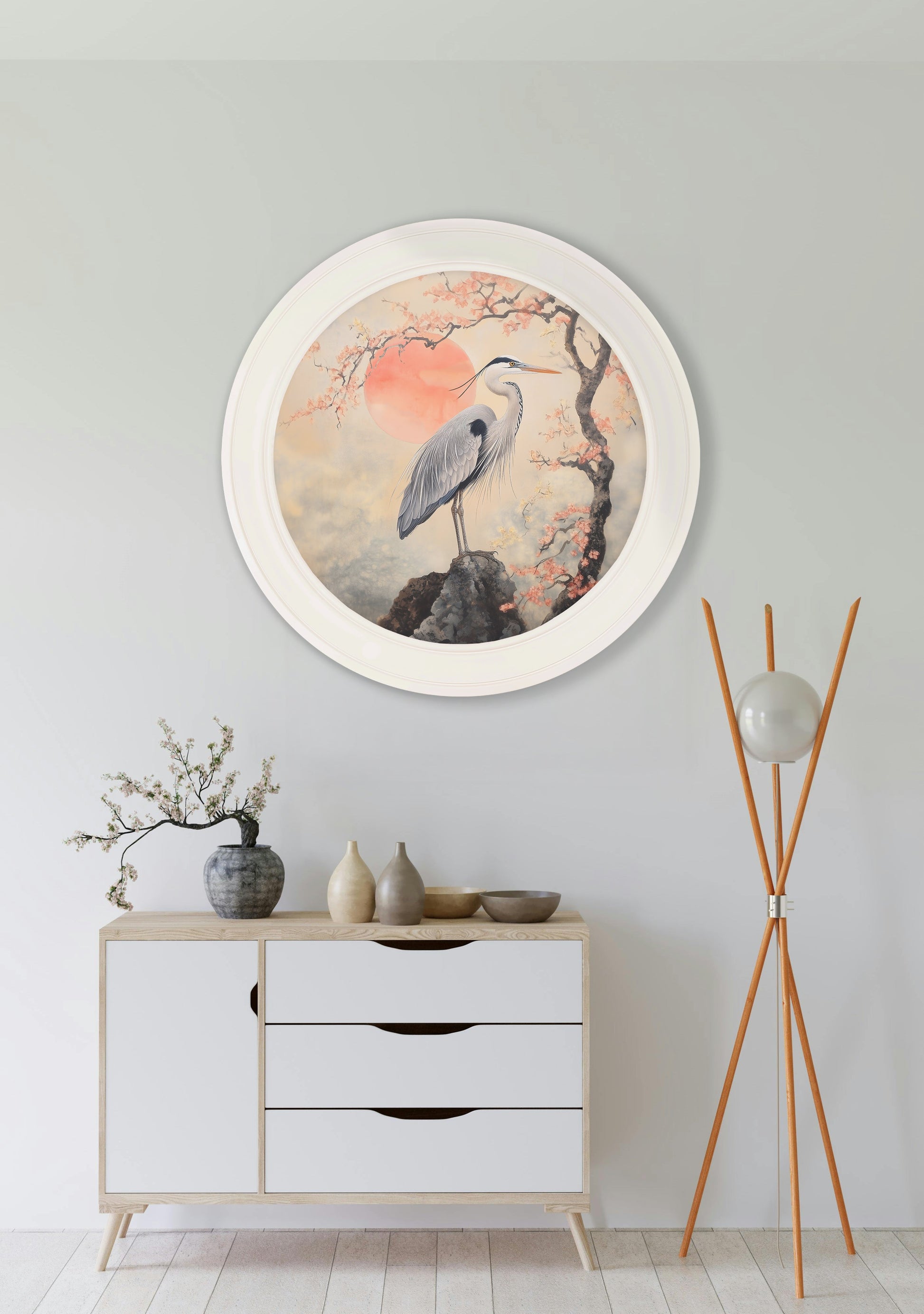 Japanese Twin Herons – Oxford Strong White Round Frame styled view – Leya Buster Interiors