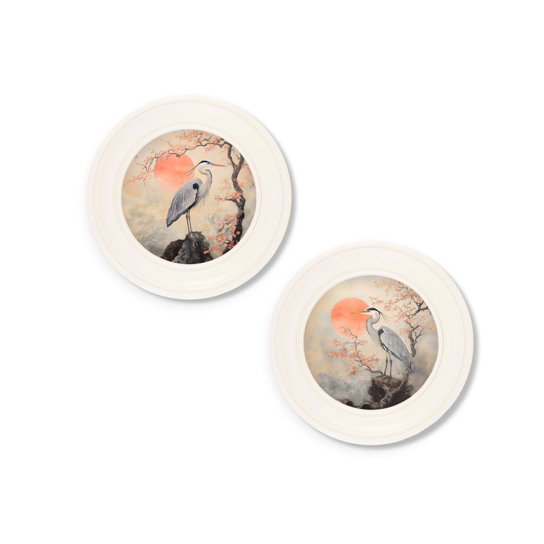 Japanese Twin Herons – Oxford Strong White Round Frame styled view – Leya Buster Interiors
