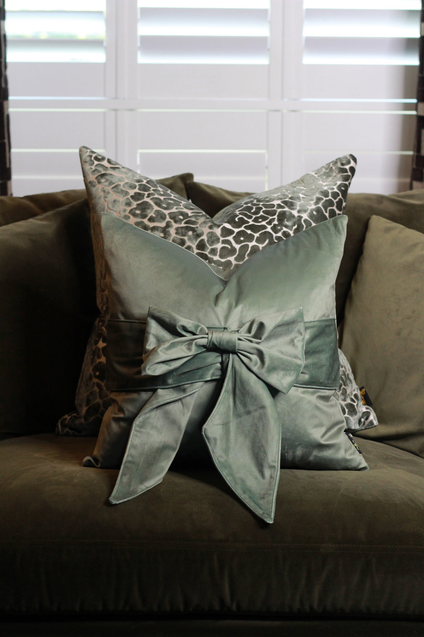 Sage Green Bow Velvet Cushion