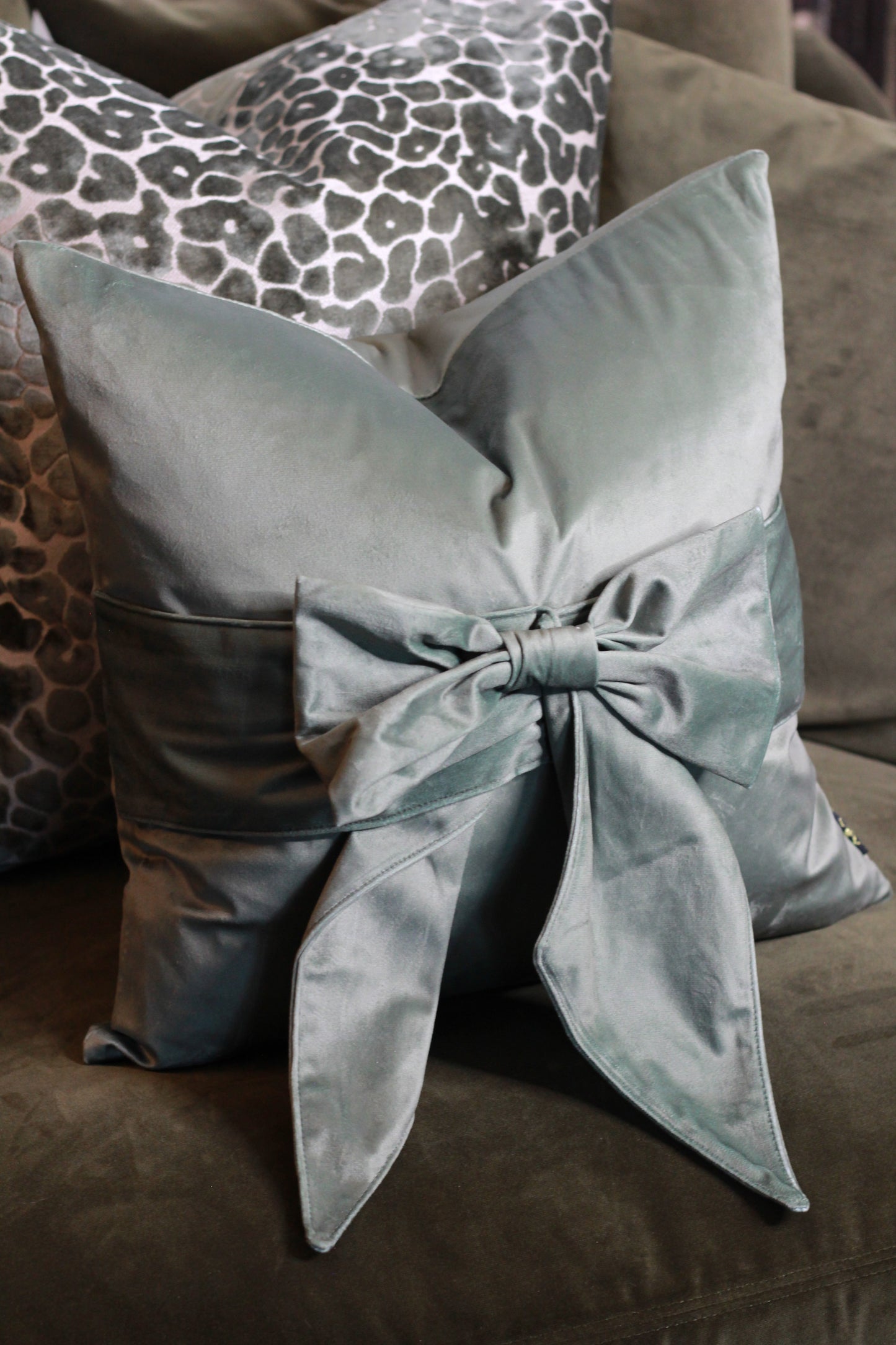 Sage Green Bow Velvet Cushion