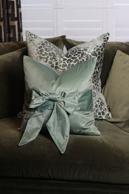 Sage Green Bow Velvet Cushion detail – Leya Buster Interiors