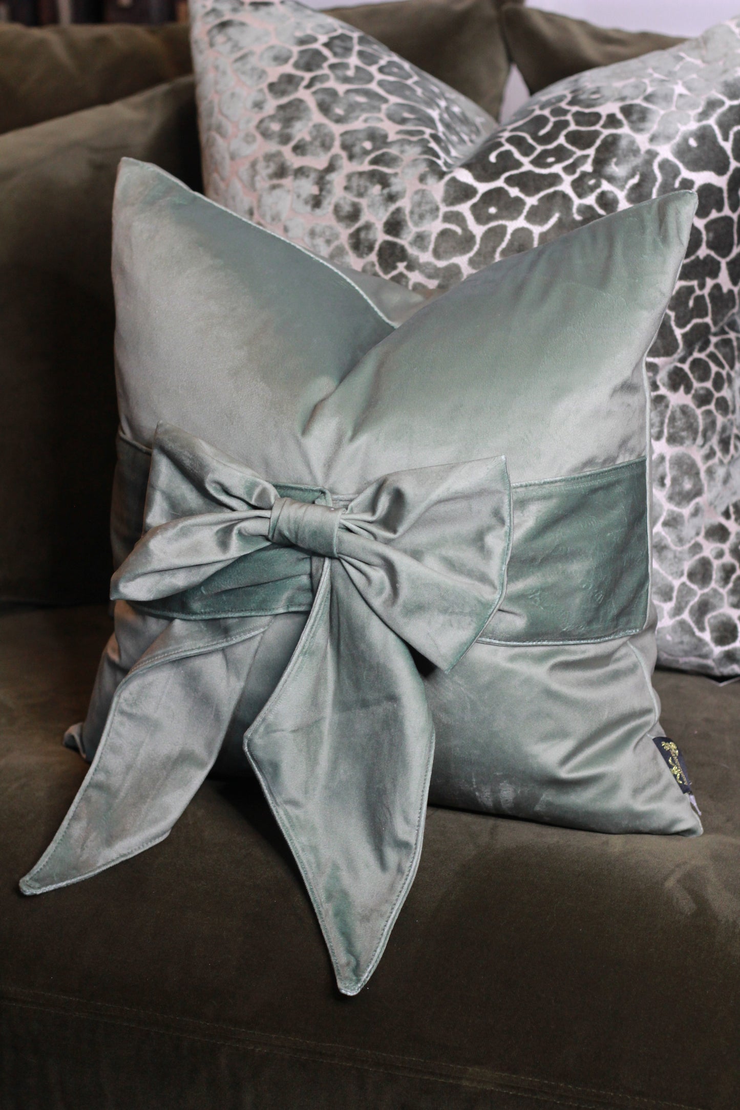 Sage Green Bow Velvet Cushion