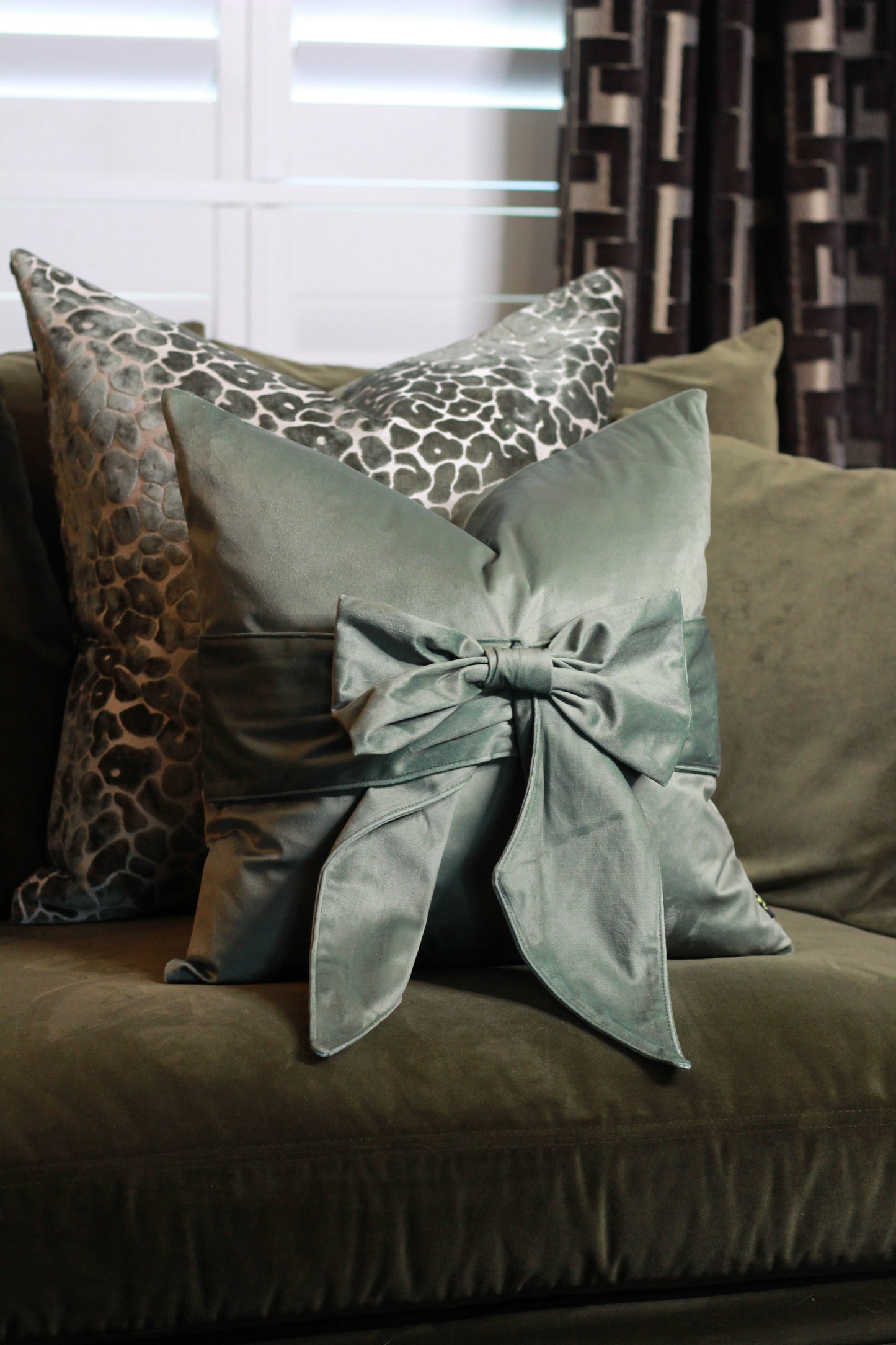 Sage Green Bow Velvet Cushion