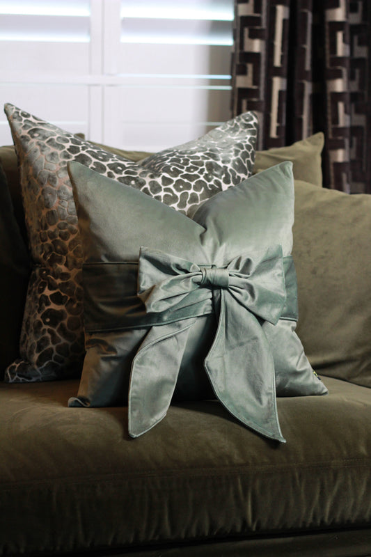 Sage Green Bow Velvet Cushion
