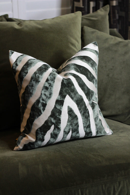Sage Zebra Pattern Cut Velvet Cushion
