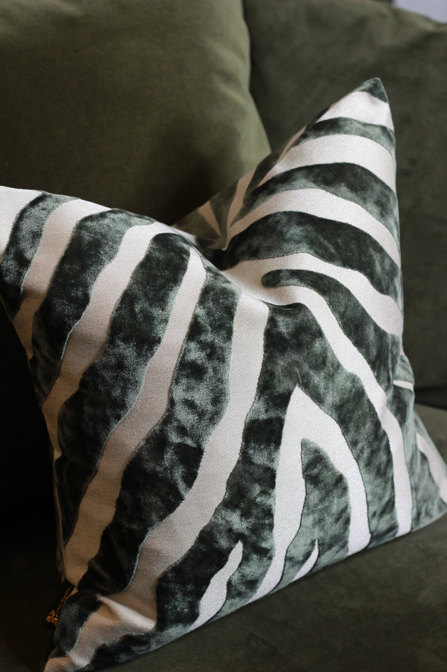 Sage Zebra Pattern Cut Velvet Cushion