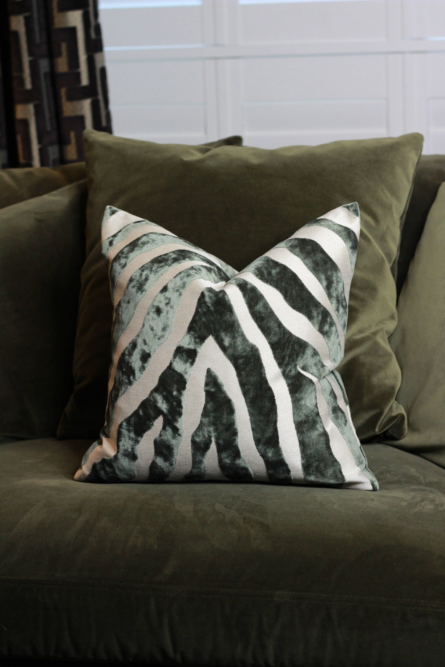Sage Zebra Pattern Cut Velvet Cushion