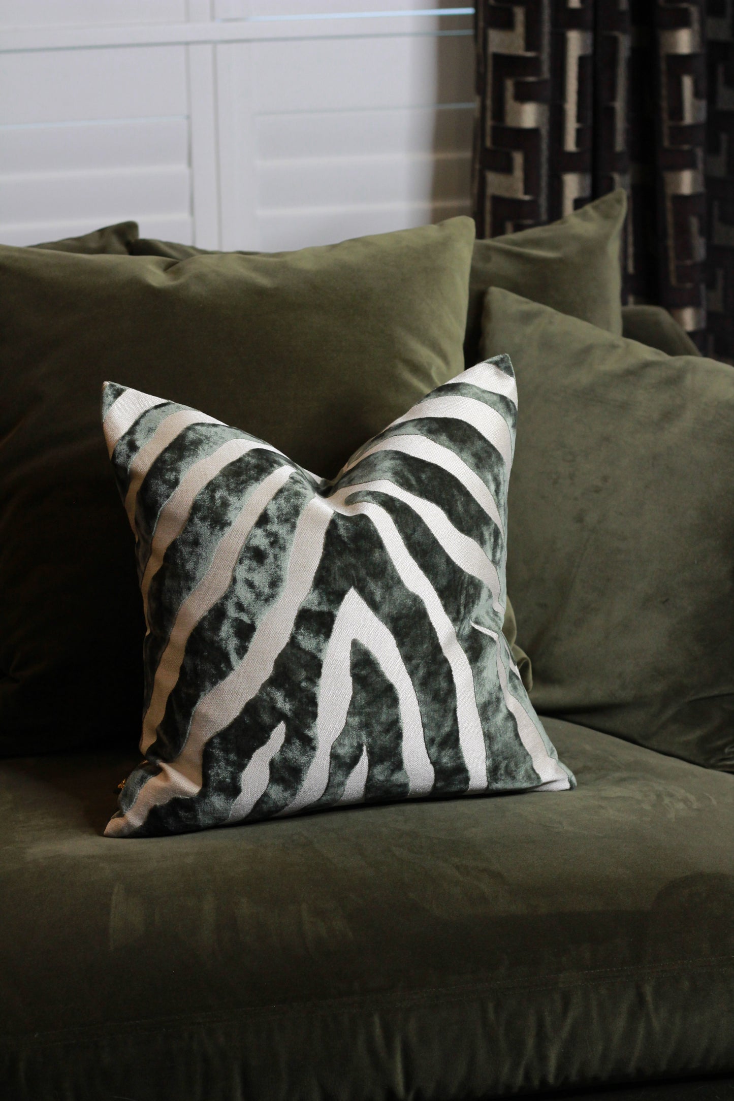 Sage Zebra Pattern Cut Velvet Cushion