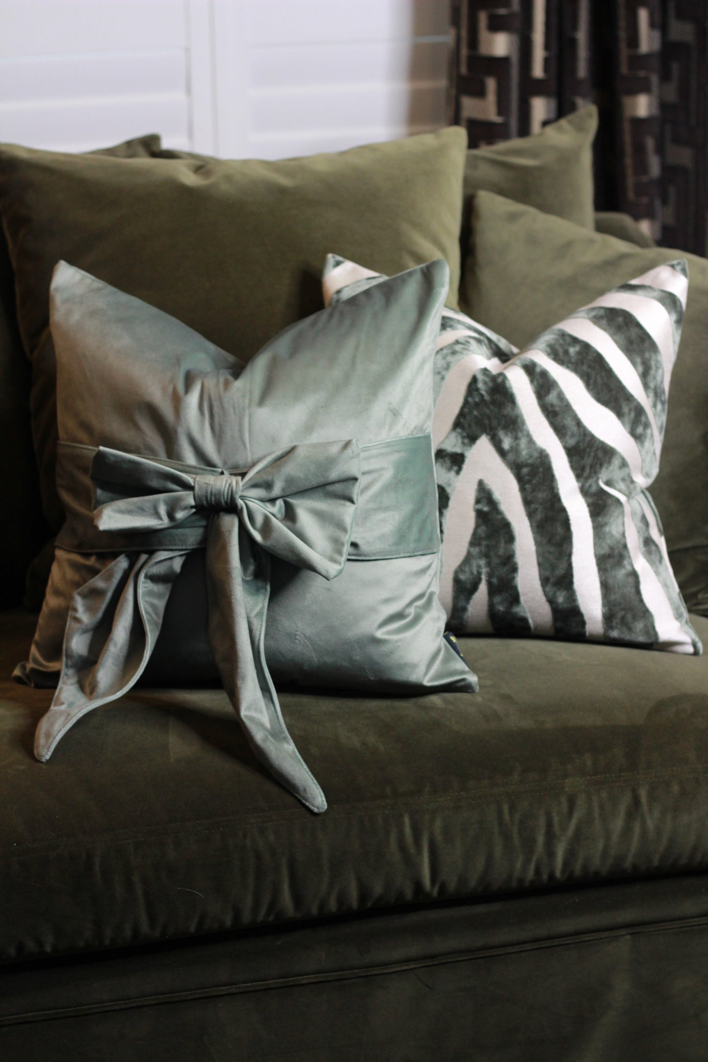 Sage Zebra Pattern Cut Velvet Cushion