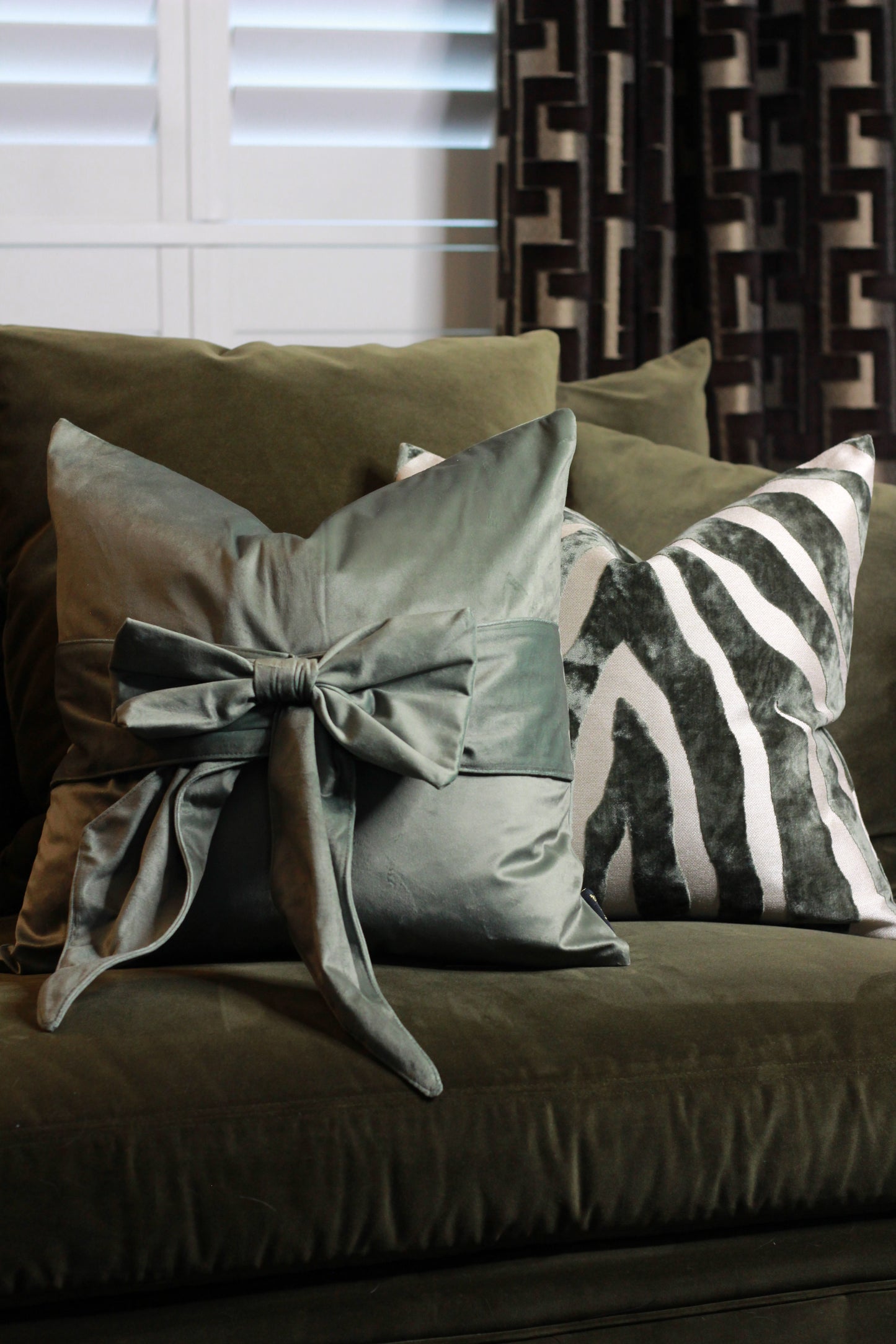 Sage Zebra Pattern Cut Velvet Cushion