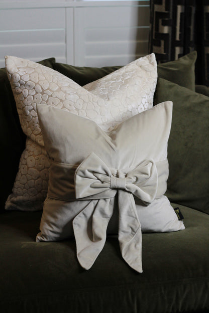 Ivory Velvet Cut Leopard Spot Cushion – Large styled view – Leya Buster Interiors