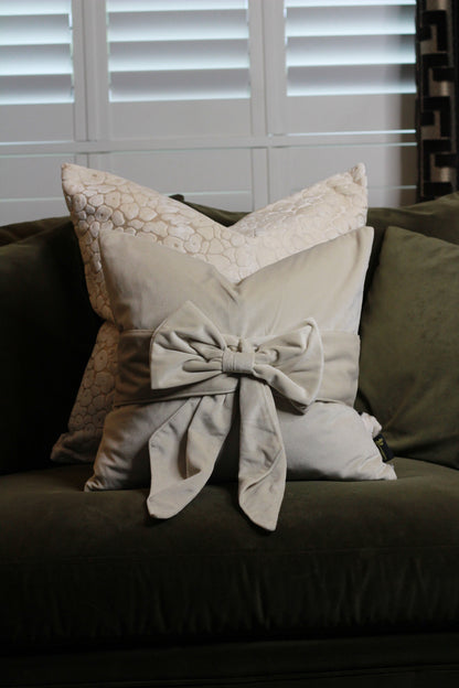 Ivory Velvet Cut Leopard Spot Cushion – Large styled view – Leya Buster Interiors