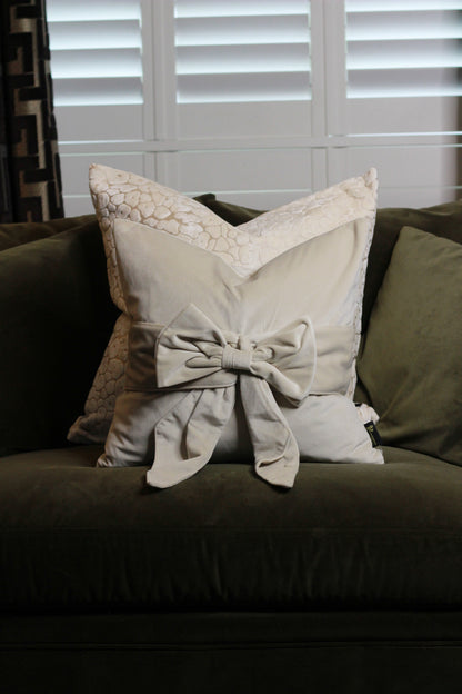 Ivory Velvet Cut Leopard Spot Cushion – Large styled view – Leya Buster Interiors