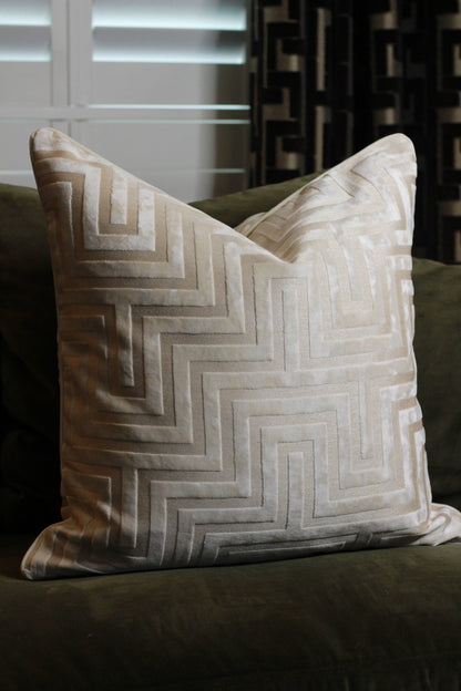 Ivory Amaze Velvet Cut Cushion – Large styled view – Leya Buster Interiors