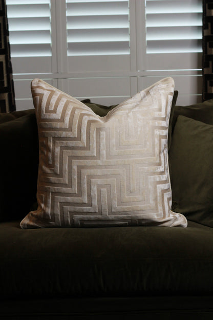Ivory Amaze Velvet Cut Cushion – Large styled view – Leya Buster Interiors