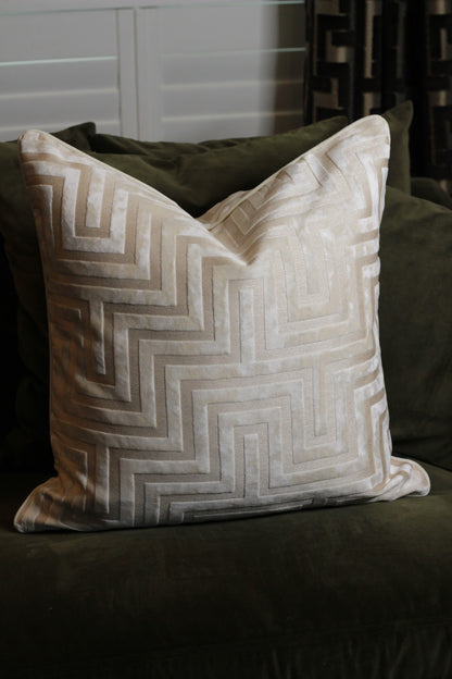 Ivory Amaze Velvet Cut Cushion – Large styled view – Leya Buster Interiors